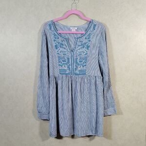 04089 Sundance navy & white striped embroidered L/S tunic blouse M